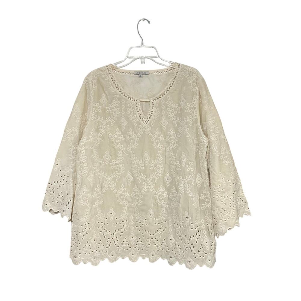 John Mark Cream Eyelet Embroidered Velvet Tunic Top Bell Sleeve Womens X-Large